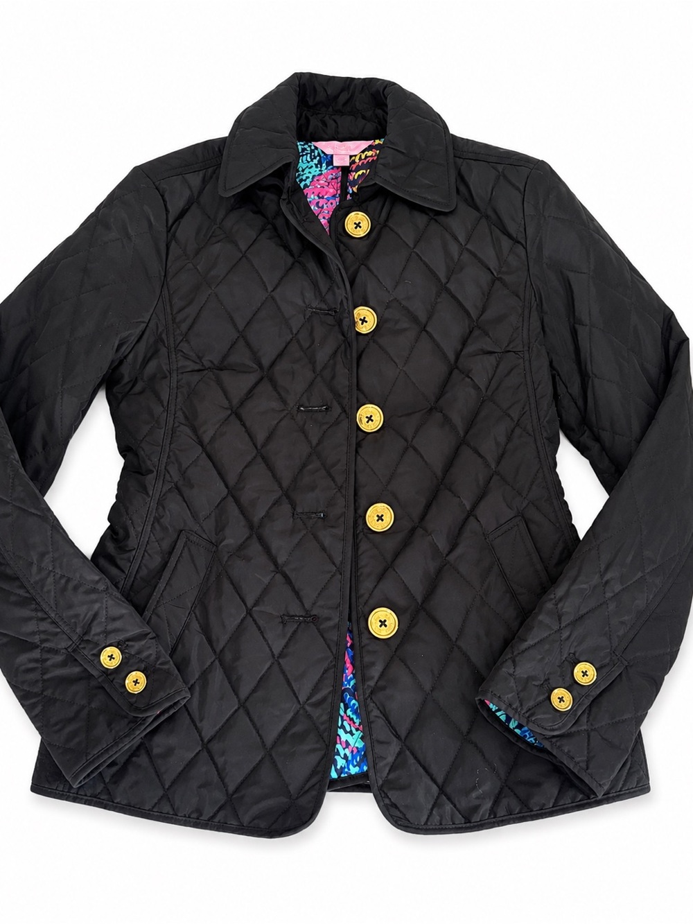 Lilly Pulitzer Black Quilted Puffer Jacket with Gold Buttons